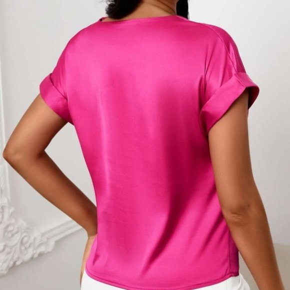 Satin draped Cowl Neck Blouse Top pink - Picture 4 of 5
